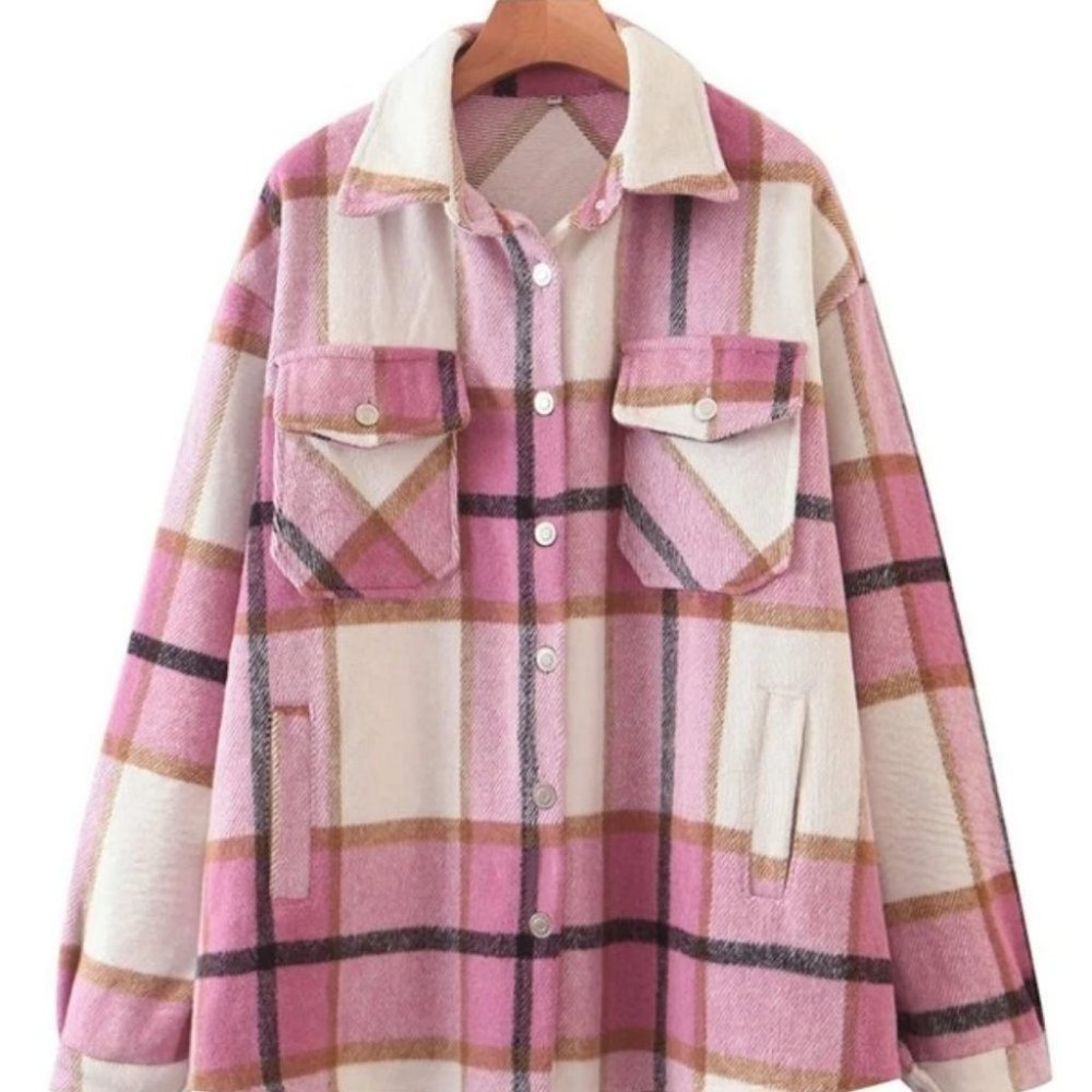 Casual Plaid Flap Pocket detailed button down pink Overshirt - Picture 12 of 16